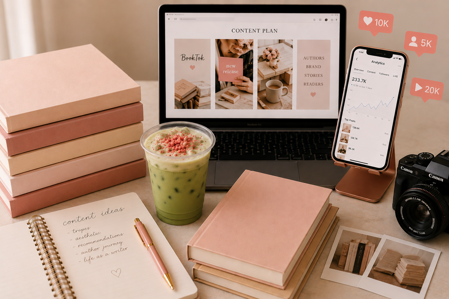 Romance books, laptop, and coffee on a marble desk
